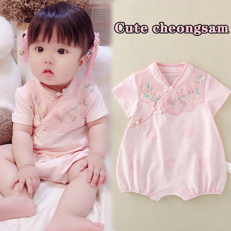 Cheongsam gaya Cina Baju Bayi Lucu Baju Monyet Baru Lahir Bayi Perempuan Cotton Bersulam Baju Cheong