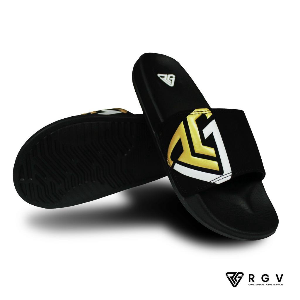 RGV - SANDAL PRIA DAN WANITA SLIDE SLIP ON SENDAL ANTI LICIN RINGAN SELOP BLACK LOGO WHITE GOLD