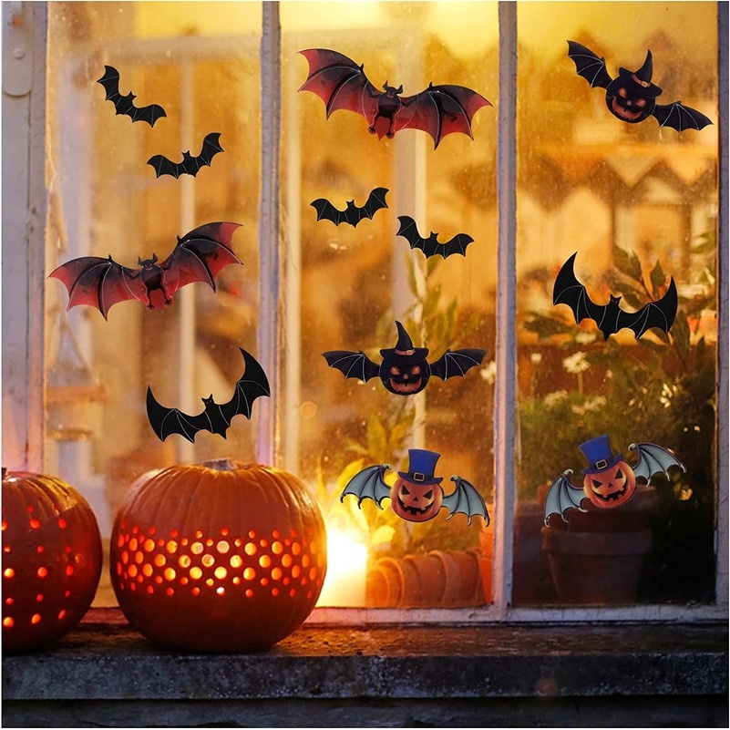 12pcs / Set Stiker Dinding Decal Desain Kelelawar Labu 3D Model Anti-Air Untuk Halloween