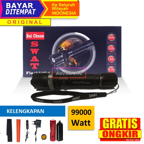 Senter Swat Police ORIGINAL 99000 Watt LED Super Terang Full set Lengkap Komplit