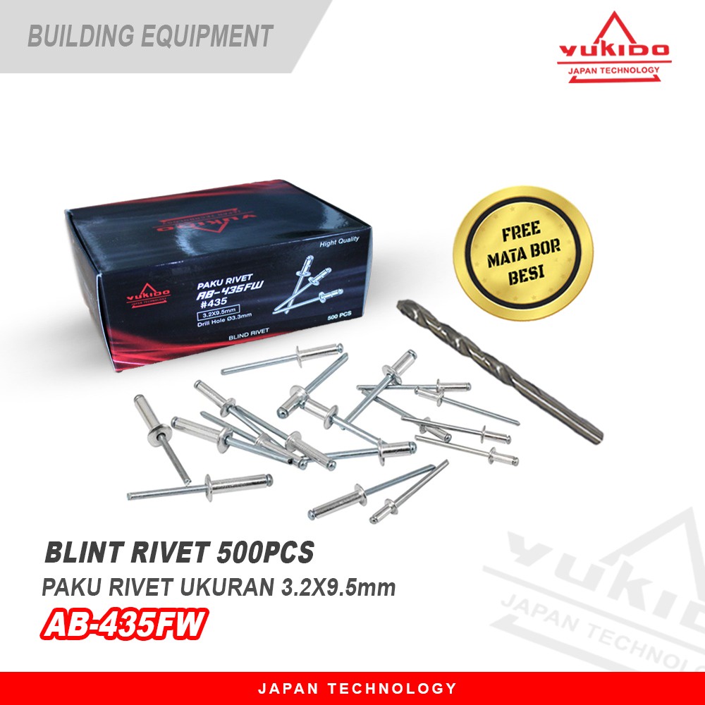 INSTANT YUKIDO Paku Rivet Paku Ripet 435 (3..2x9.5mm) 1Pack Isi 500 pcs free mata bor besi 3.2mm Lebih Hemat