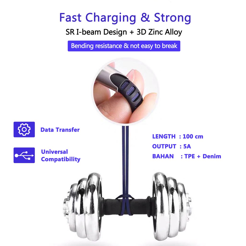 YOUNGPRO CB100 QC 4.0 FAST CHARGING 5A ANTI BREAK DENIM BRAIDED CABLE MICRO LIGHTING TYPE C