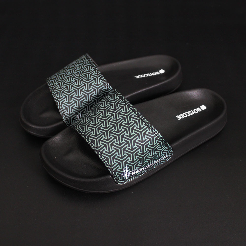 Sendal Selop Pria Wanita Distro Boyscode Triangle Motive Black Grey / Sendal Slip On Pria / Sendal Slide Pria