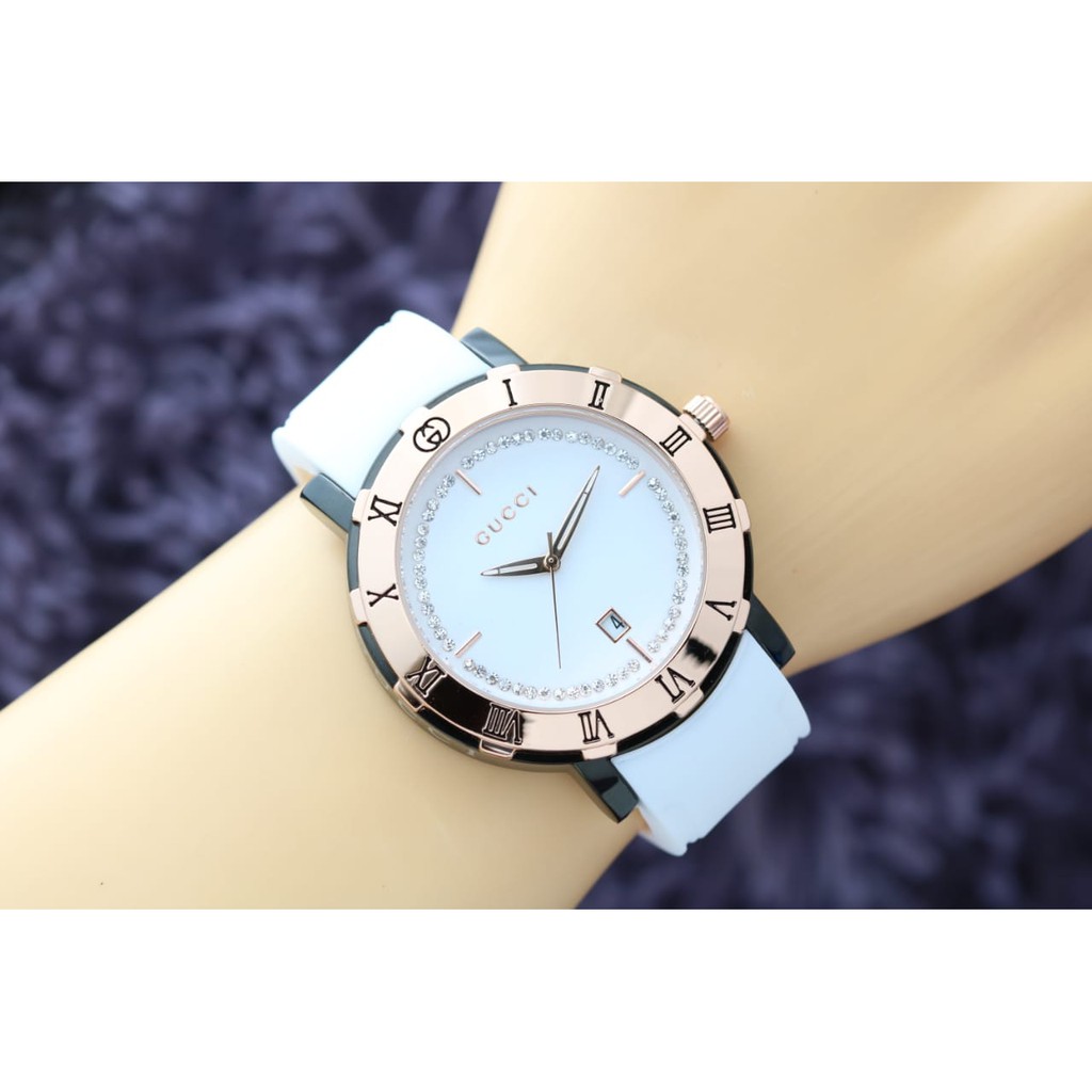 Jam Tangan Wanita Fashion Analog Cewek Gucci Premium Tanggal Tali Rubber