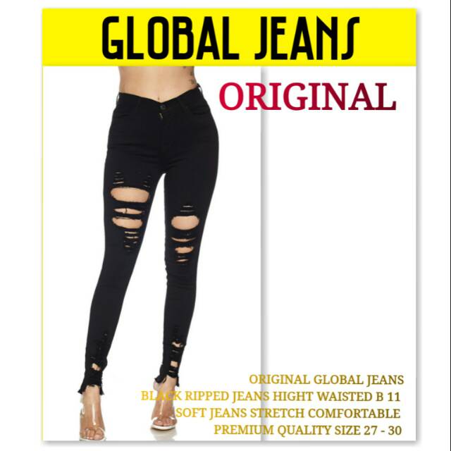 Celana Jeans Wanita HW Sobek ORIGINAL Global Jeans B 11 / Black Ripped Jeans High Waist Original