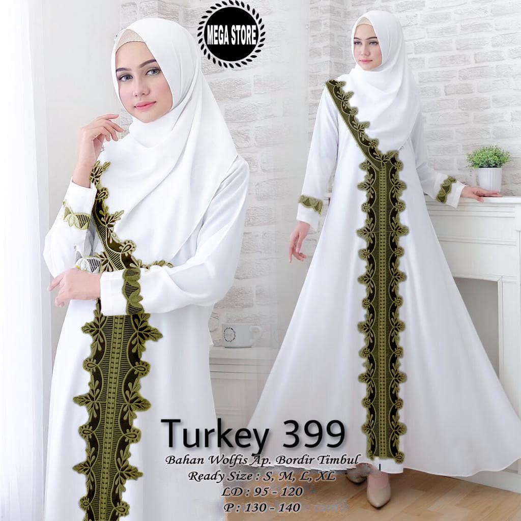 Gamis Abaya Arab India Dubai Turkey Putih Kombinasi Bordir Hitam