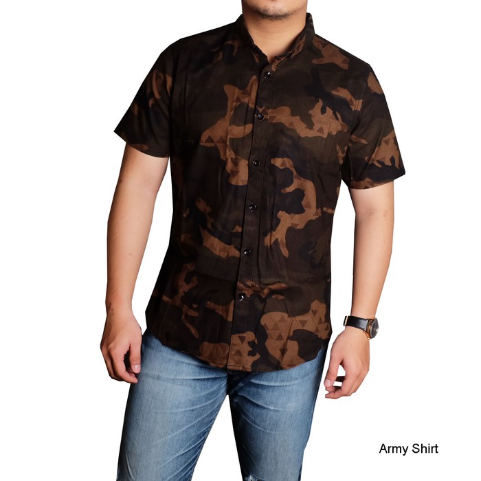 BIG SALE Kemeja Pria Lengan Pendek Hijau Army Kasual Baju Cowok Wanita Laki Ori