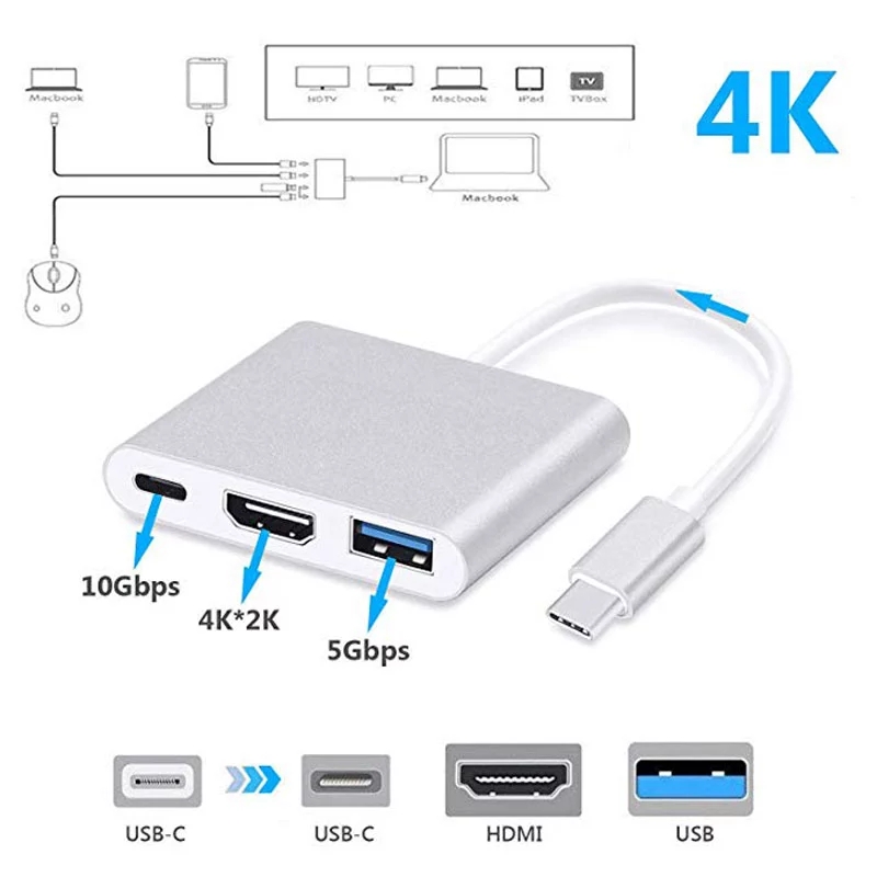 Adaptor Multiport Usb C Ke Hdmi Dan Usb 3.0 Tipe C 4k Video Usb 3.0 Pd Pengisian Cepat Untuk Laptop Dan Ponsel