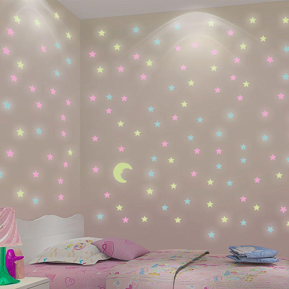 Populer 100Pcs Bercahaya 3D Bintang DIY Kamar Tidur Langit-Langit Bersinar Stiker Dinding