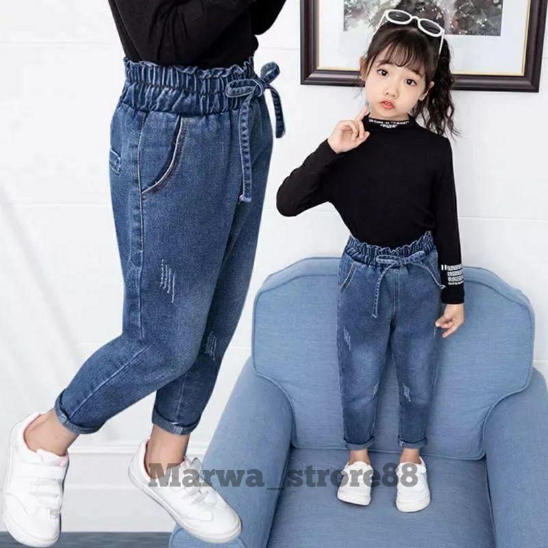 Celana Jeans Anak Perempuan Boyfriend Karet Usia 4-9Tahun