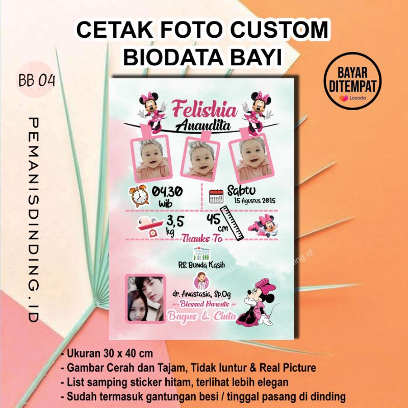 Biodata Bayi Custom Jumbo 40x30 cm Plus Bingkai Kayu MDF