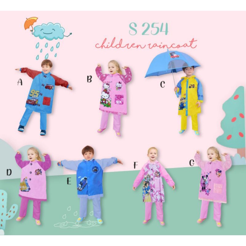 Jas Hujan Anak Celana Setelan Kids Raincoat Set With Pants 4 5 6 7 8 9 10 Tahun Mantel Ujan Karakter Avengers Spiderman Minion Spongebob Unicorn Minnie Mickey Kartun Hello Kitty