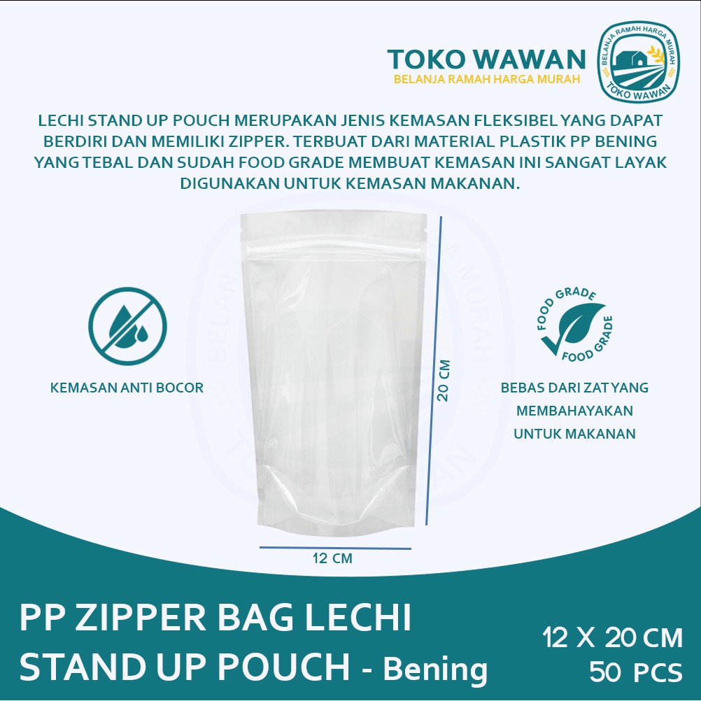 Plastik PP Standing Up Pouch Ziplock 12 X 20 CM / 12x20 cm/ Kemasan Berdiri Bening Transparan isi 50