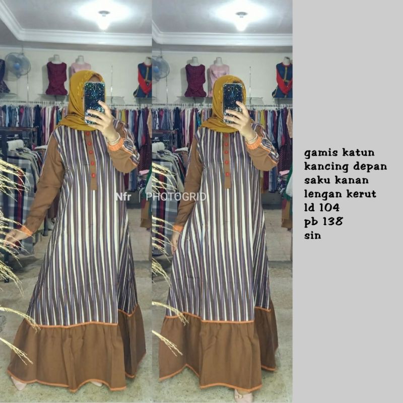 gamis katun salur/garis kombinasi lengan polos hitam saku merah busui ld 106 pb 139