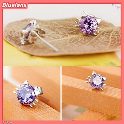 Anting Stud 925 Sterling Silver Bentuk Kucing Aksen Zirkon Untuk Perempuan