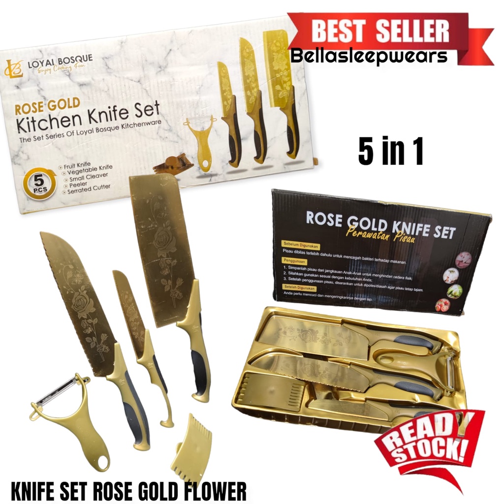 BELLA - PISAU DAPUR KNIFE SET ROSE GOLD FLOWER MEWAH LUXURY 5IN1 BERKELAS GAYA NORDIC