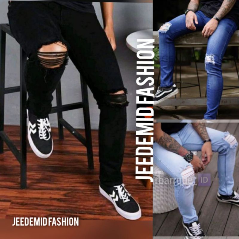 Celana Jeans sobek pria celana jeans hitam sobek lutut pria ripped jeans street slimfit