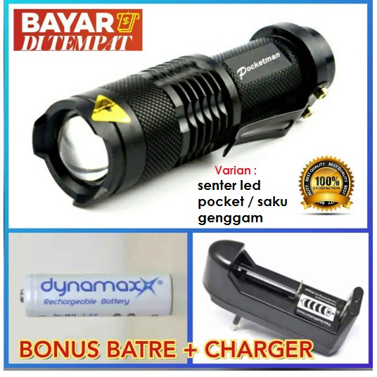Senter LED Mini Swat PAKET Pocketman batre + Adaptor Charger cahaya 2000 lumens