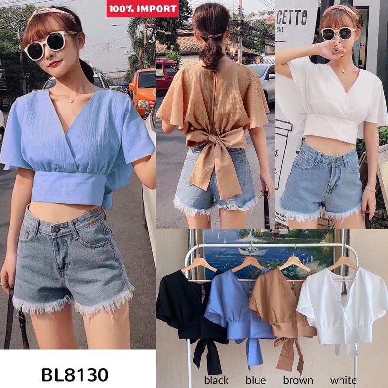 Back Ribbon Flare Sleeve Crop Blouse