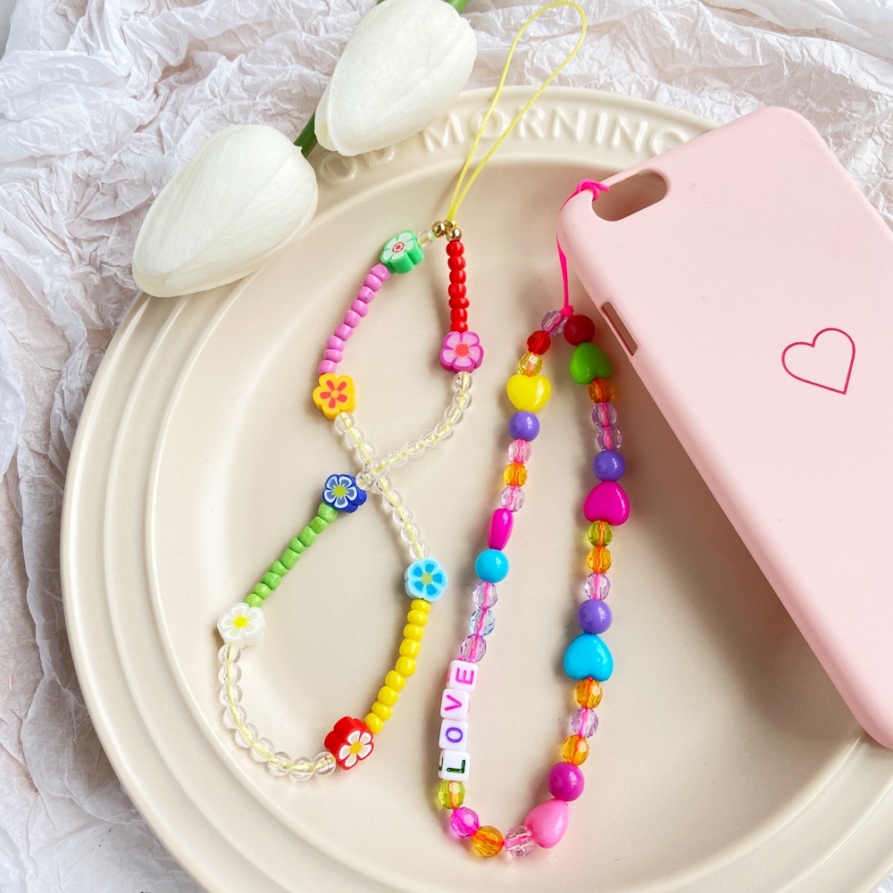 Korean Colorful Bead Mobile Phone Chain Cute Flower Letter Mobile Accessories