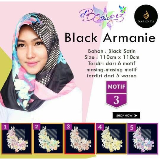 HIJAB SEGIEMPAT BLACK ARMANIE SATIN MOTIF 3 BY DAFANYA - JILBAB MURAH