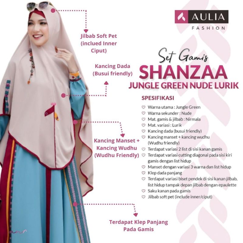AULIA FASHION Set Gamis SHANZAA JUNGLE GREEN NUDE LURIK Size S Busana Muslim Branded Original Bahan 