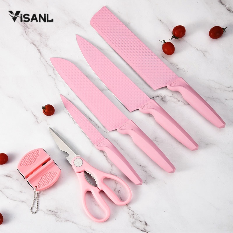 Pisau Berlian Merah Muda Knife Diamond Set 6 in 1 Cookware Pisau Dapur Anti Lengket VS-1844