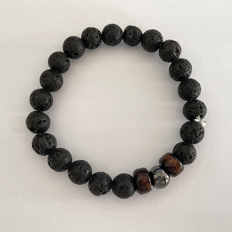 [Z H Perhiasan] Hip Hop Rock Retro Pria Fashion 8mm Batu Vulkanik Manik-Manik Kayu Batu Alam Beads Gelang Pesta Perhiasan Aksesoris