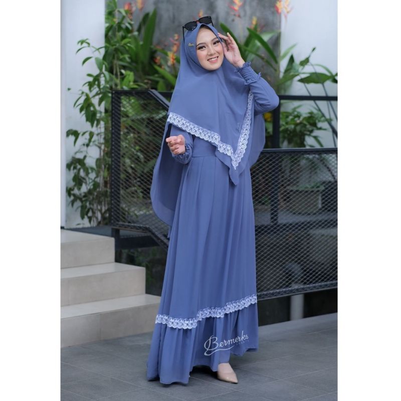 Gamis Muslimah Syar'i Bahan Ceruty Babydoll By ORI Bermerks Syar'i / Set Khimar 2 Layer Renda Putih 