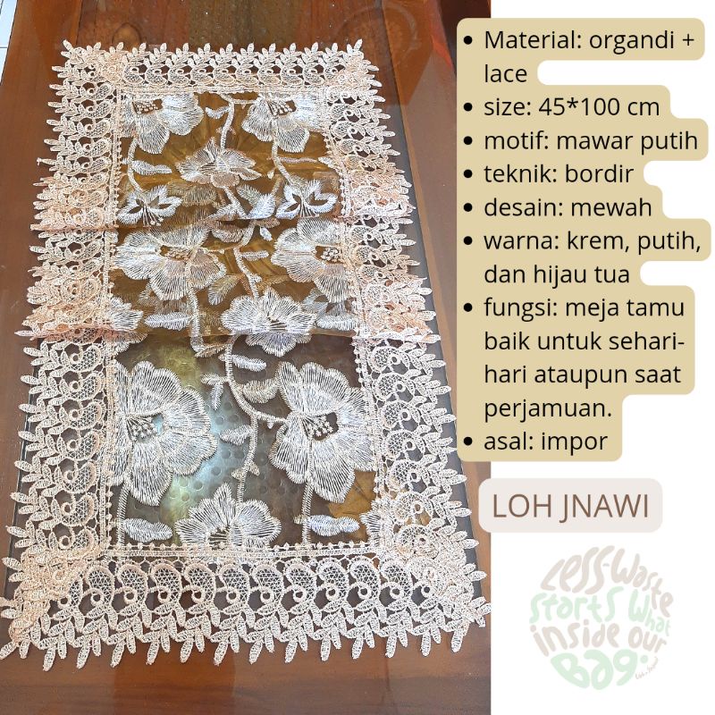 Taplak Meja Tamu Bordir Transparan Organdi 40x100 cm Mewah Premium Impor