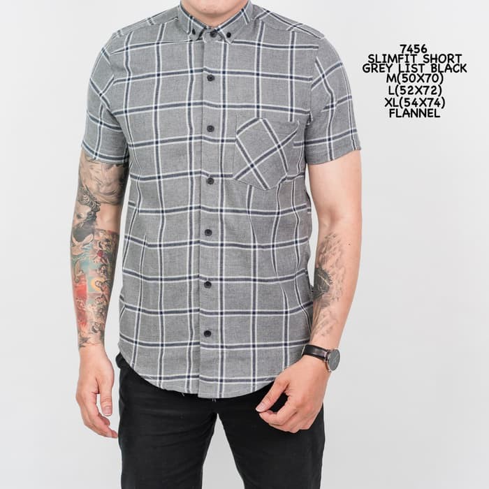 Kemeja pria slimfit lengan pendek FLANEL LIST Grey Black - Abu-abu, M