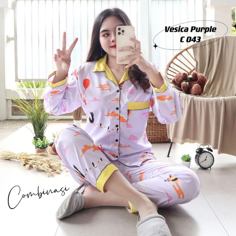 Piyama Wanita Lengan Panjang PP Motif Bunga Set Piyama Baju Tidur Wanita Remaja Baju Tidur ABG-Vesica purple kuning