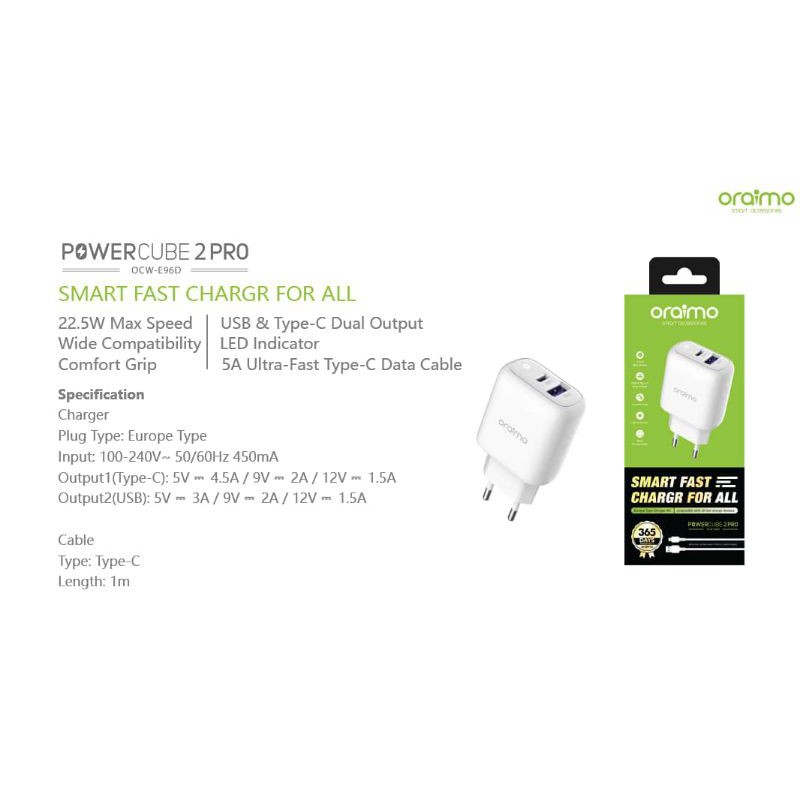 Oraimo Charger Handphone Original DualPort Smart Ultra Fast Charging Iphone/Android C to C/Lightning