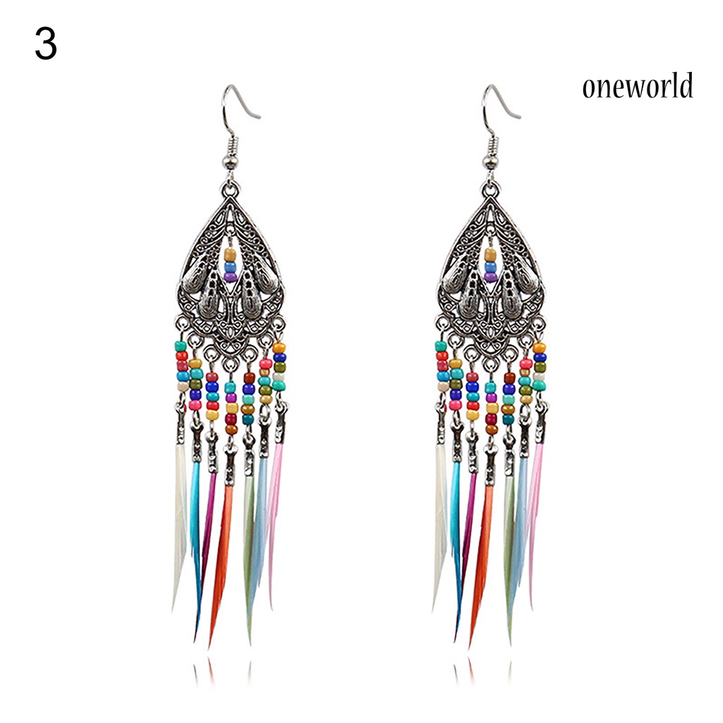 OW# Earrings Retro Romantic Resin Beads Bohemian Feather Tassel Fringe Earrings for Women