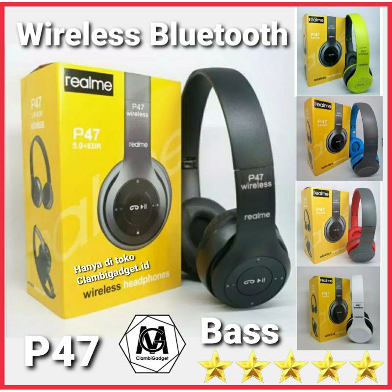Henset Bluetooth P47 Realme Headset COD Headphone Wireless Headphone Bass Earphone Earpod Gaming Bas