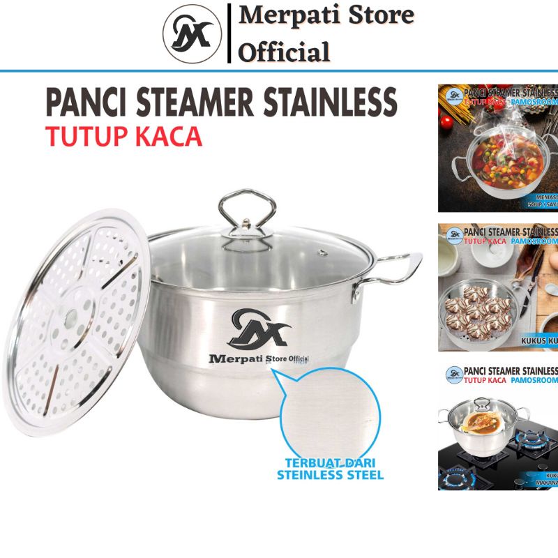 Merpati Store - Panci Kukus Panci Stainless 24cm / Kukusan Stainless Panci Kukusan Tutup Kaca Stainless Steel