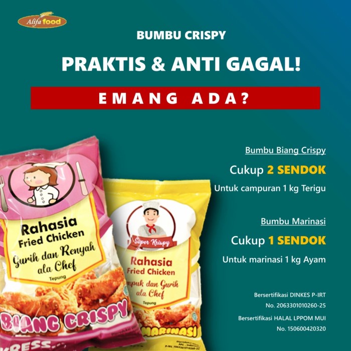 

TERBARU tepung biang crispy dan marinasi kemasan 750 gr dan 250 gr alifa food
