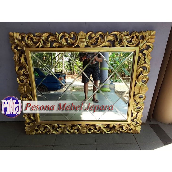 Bingkai atau Frame atau Pigura Cermin Ukir Gold Waru Kaca Bevel 120x100 cm