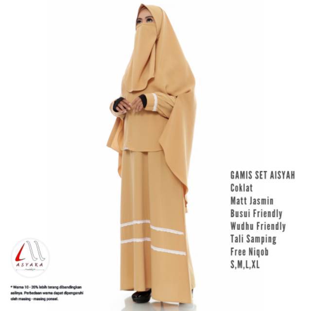 Gamis Muslim Syari Set Khimar Aisyah warna coklat, kuning, pink magenta, ungu adem busui friendly
