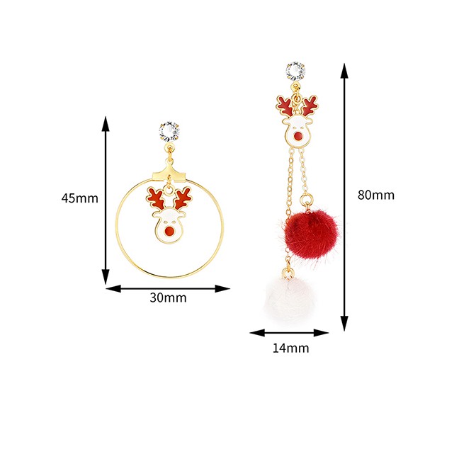 LRC Anting Tusuk Natal Fashion Color Little Elk Hair Ball Asymmetrical Oil Drop Earrings P50292