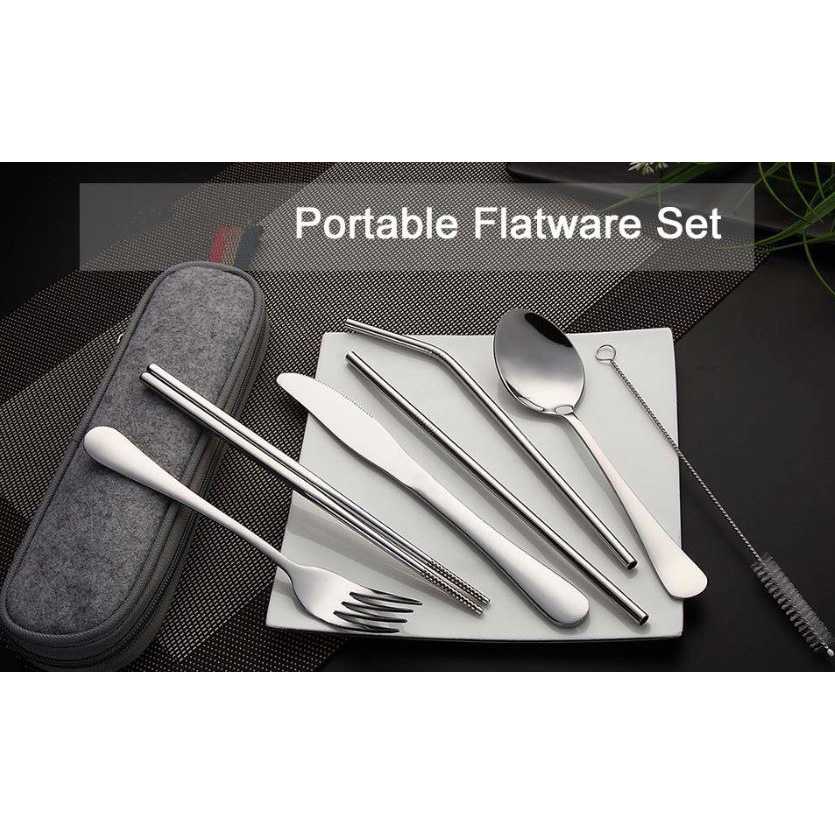 Set Sendok Garpu Sumpit Stainless Portable / Set Alat Makan Sendok Garpu Pisau Sumpit Sedotan Korea / Alat Makan Set Stainless Steel Berkualitas Murah Original Kuat Tebal / Tempat Sendok Garpu Wadah Alat Makan Set / Alat Bekal Makan Set Korea Estetik