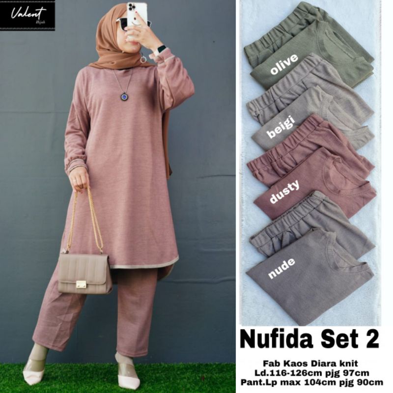 Nufida 2 Set Setelan Stelan Oneset Polos Wanita Kaos Diara Knit Jumbo 116-126 Lengan Panjang
