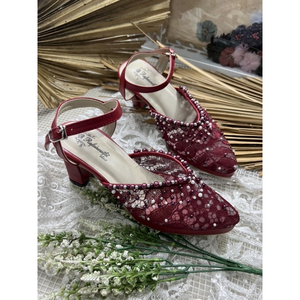 sepatu Rafaizoutfit merah marron sepatu wanita alummi payet tali tinggi 7cm tahu