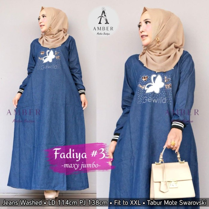 NEW FADIYA #3 JUMBO MAXY GAMIS LONGDRESS JEANS WASHED LD 116CM TERBARU - Hitam