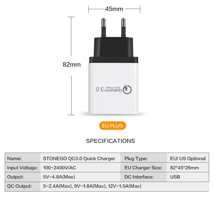 Charger USB STONEGO 3 port Quick Charge 18W Output