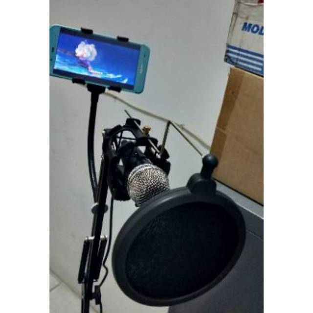 Arm stand Condenser Microphone + Holder + 360 Lazypod Smartphone Clamp Mic taffstudio jnp