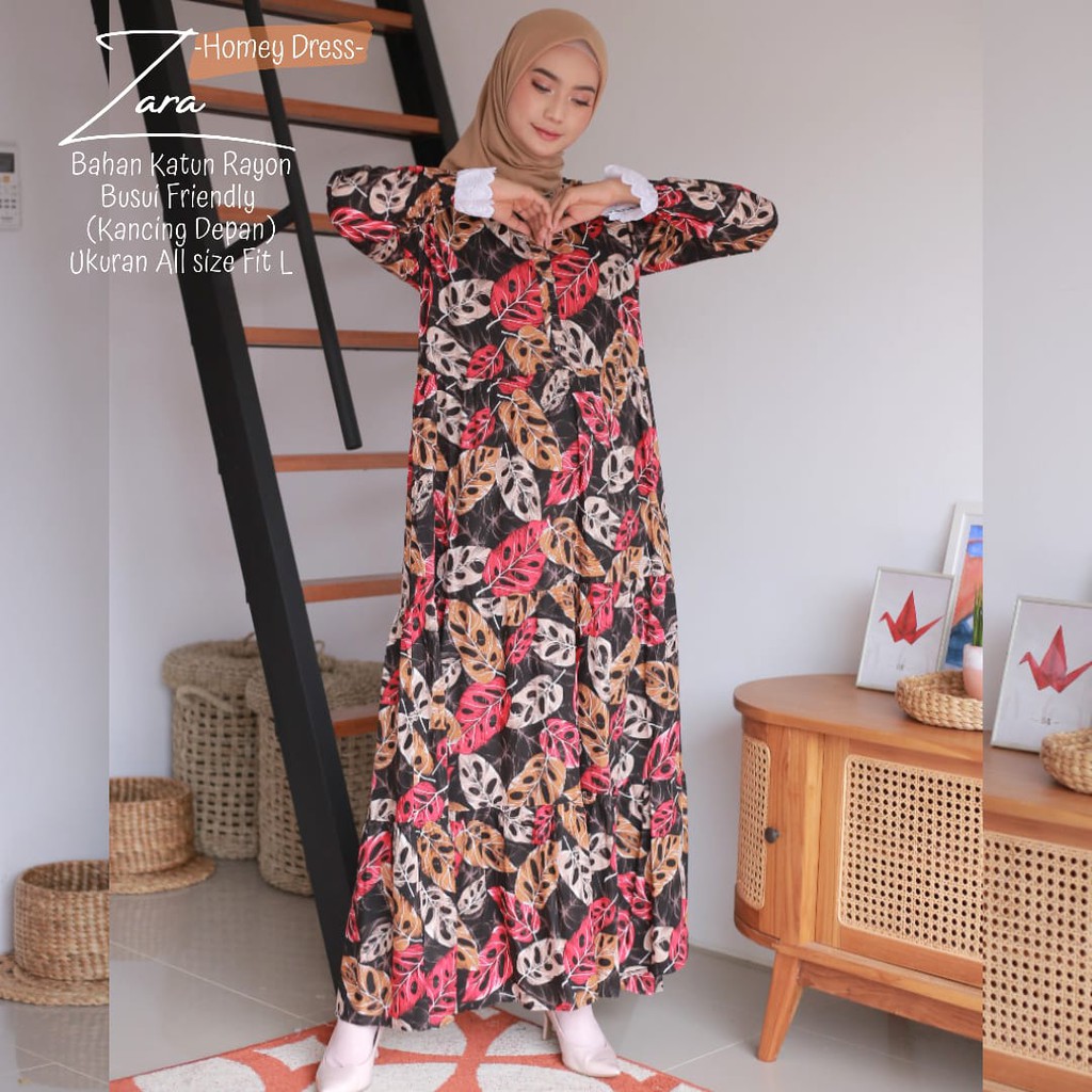 Terlariss!!(bisa cod)Homey Dress Motif-Homey Dress Zara-Bahan Katun Rayon-Busana Muslimah Dewasa