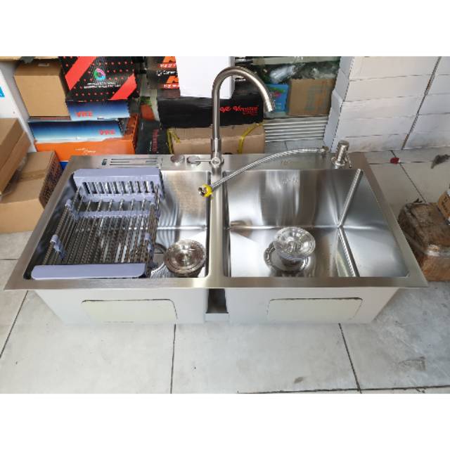 KITCHEN SINK / Bak cuci piring 2 lubang tebal stainless 304 tebal 3mm 82cm PAKET KOMPLIT PROMO