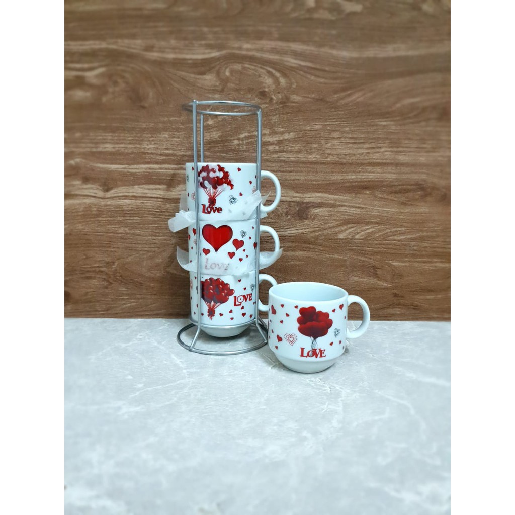 BABEE MUG KERAMIK SET 4 SUSUN SIZE S / CANGKIR GELAS 4 SUSUN BANYAK MOTIF / MUG TEH KOPI / KADO UNIK-Love