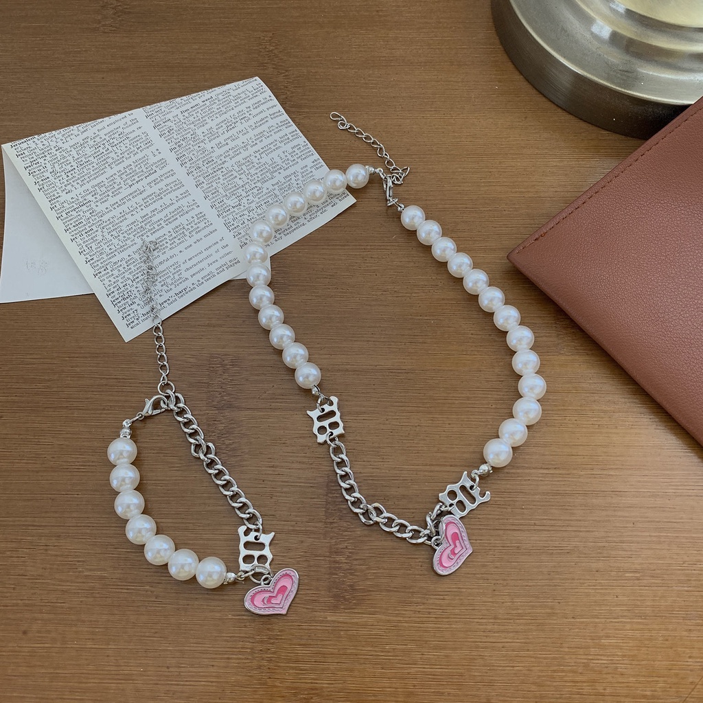 Y2K Fashion Girl Love Pearl Chain Bracelet Necklace Pink Love Heart Clavicle Chain